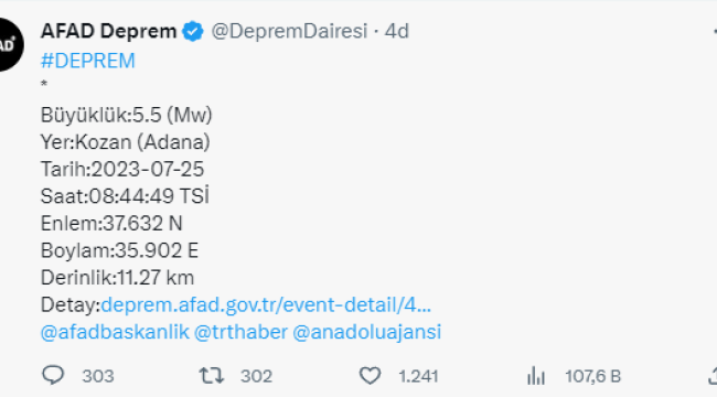 Kozan'da 5,5 Şiddetinde Deprem!